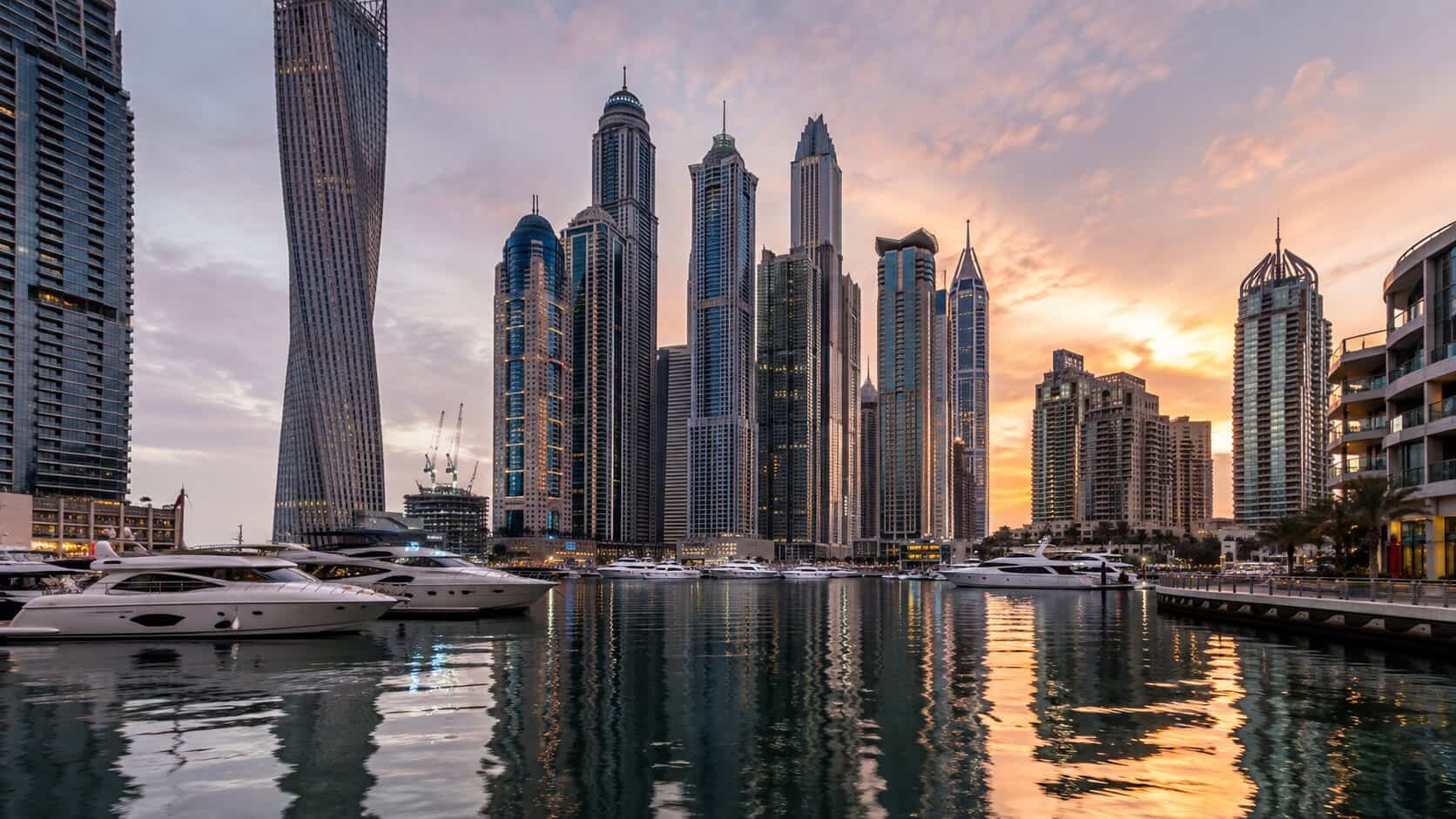 Dubai Marina skyline and waterfront at sunset