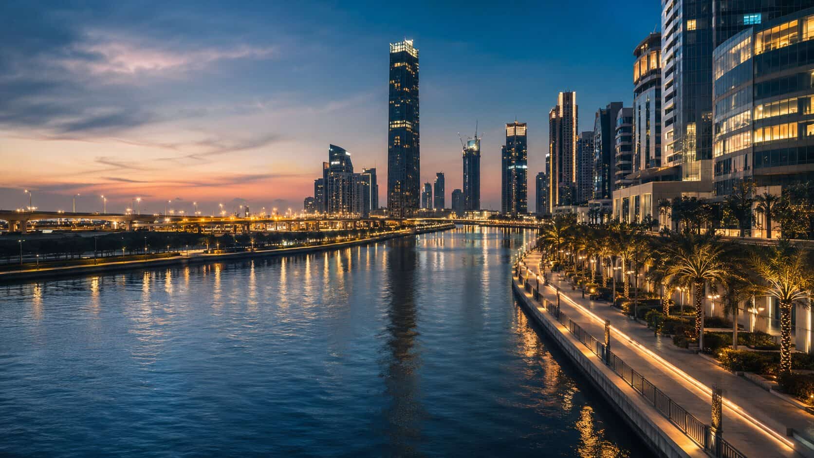 Dubai Water Canal and Business Bay at twilight
